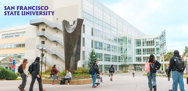 SFSU Students walking in front of the library