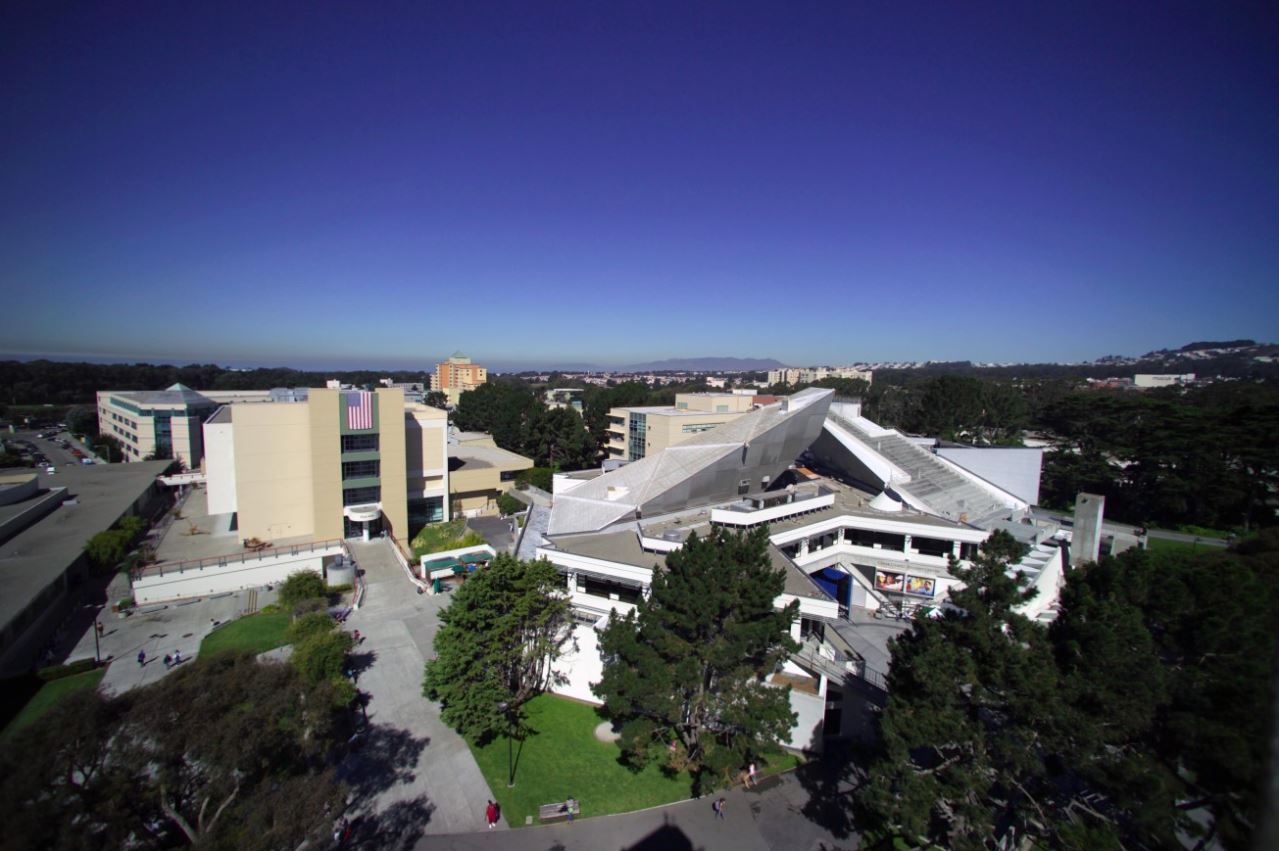 Aerial picture of the campus showing the Cesar Chavez Building and Fine Arts building  